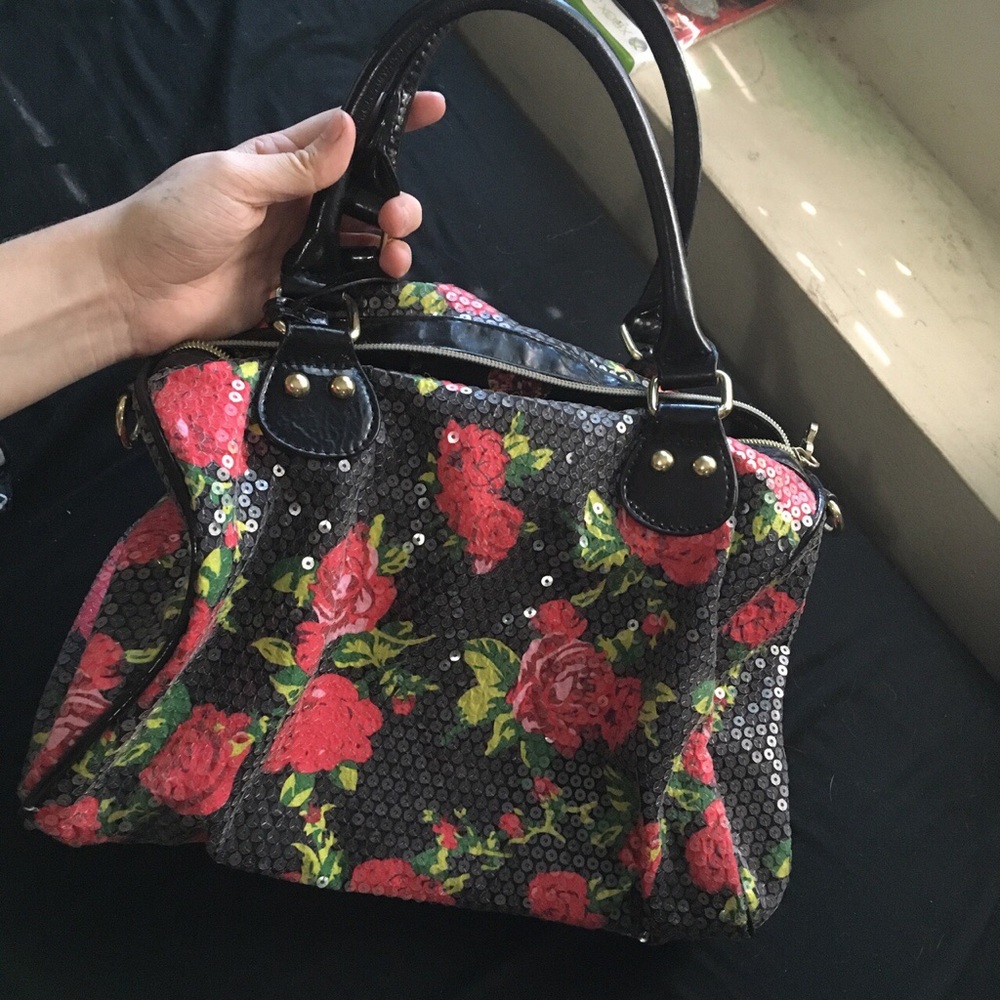 Betsey Johnson Black and Pink Floral Sequin Satchel